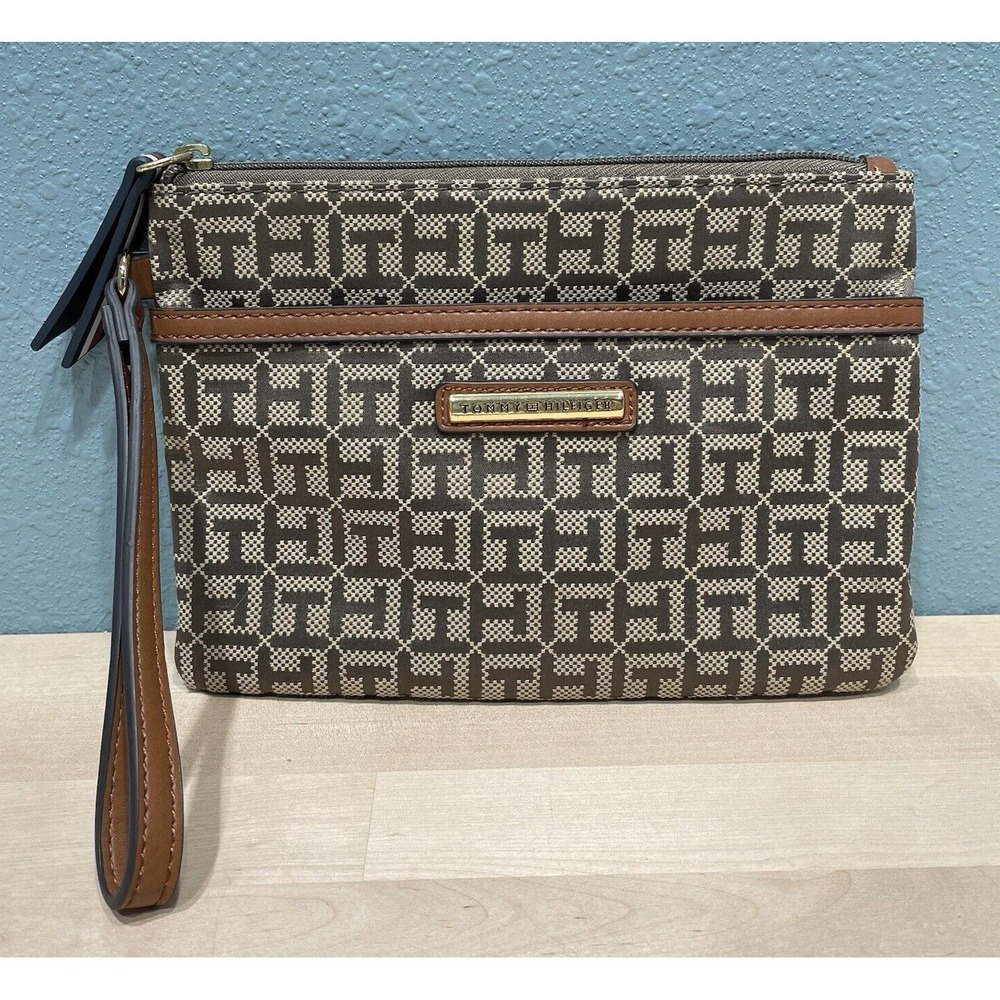 Tommy Hilfiger Signature Slim Wristlet Logo Print Jacquard Brown and Khaki
